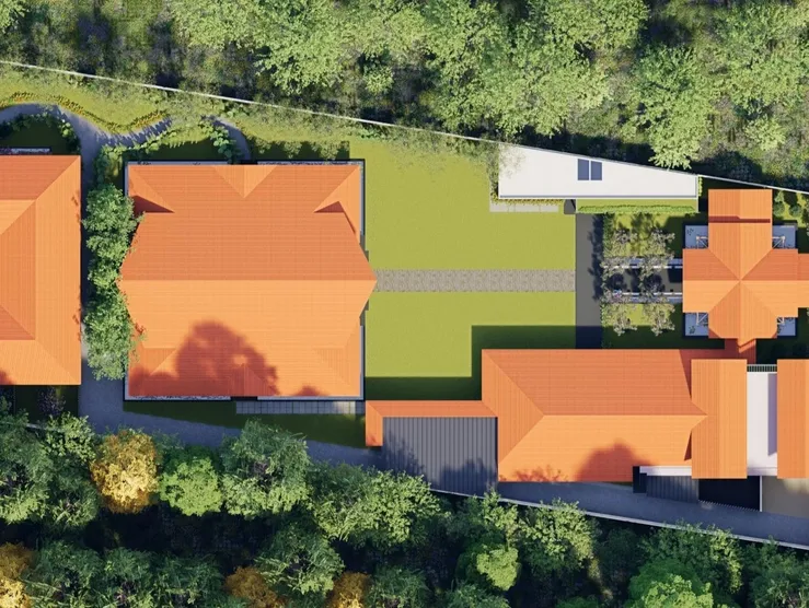 Aerial view of The Lily Cascade premium wedding venue in Bangalore surrounded by lush greenery
