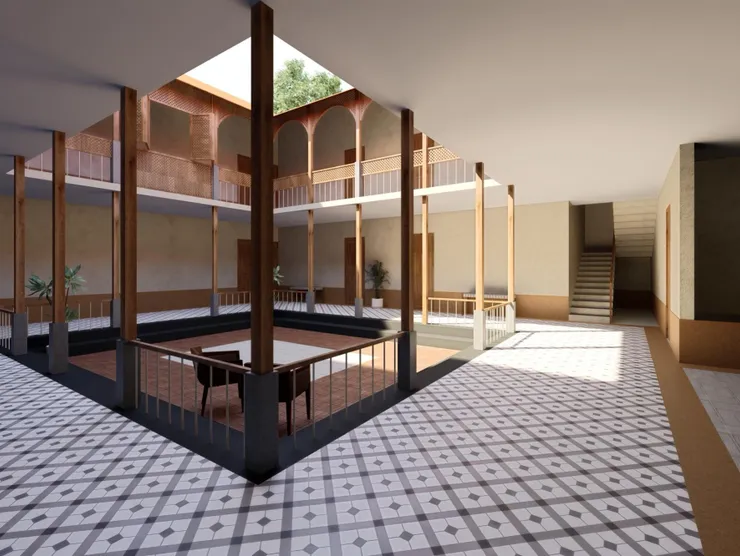 The Lily Cascade courtyard featuring traditional-inspired architecture, open spaces and natural light
