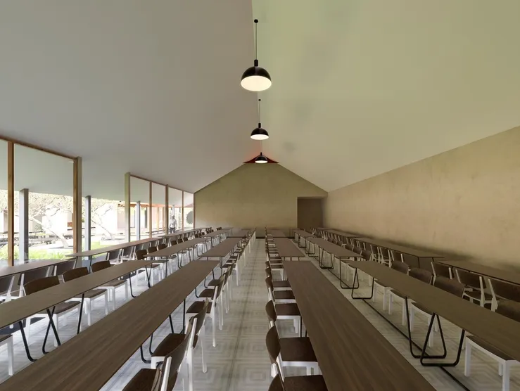 The Lily Cascade dining hall with long tables, comfortable seating and views of the gardens