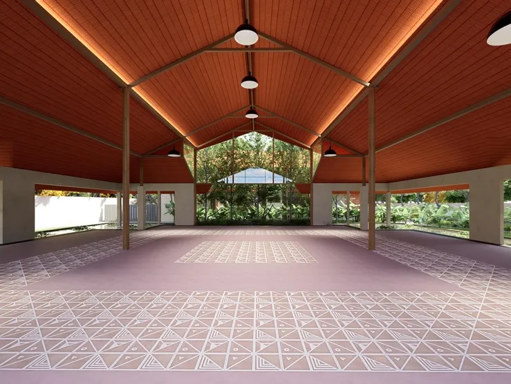 The Lily Cascade covered wedding event space with a spacious open layout and landscaped surroundings